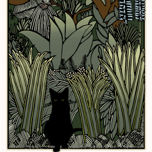 David Lance Goines poster of cat amongst tall plant material