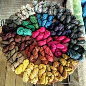 A rainbow collection of plant-dyed yarn.