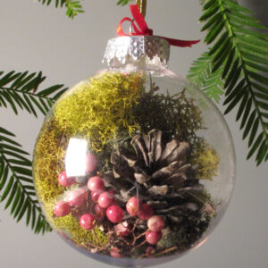 Holiday round glass holiday ornament full of festive plant material. 