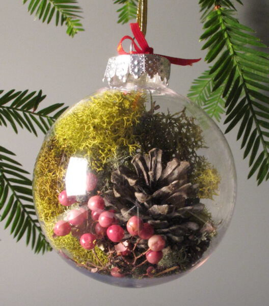 Holiday globe ornament filled with plant material