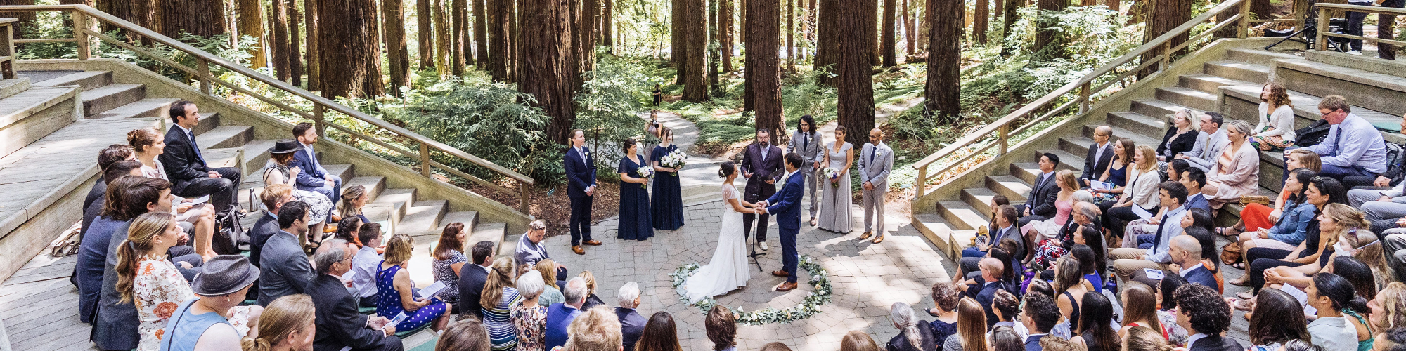 A large group of people sit in an outdoor theatre and watch a wedding