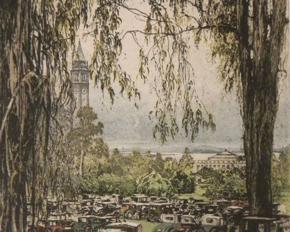 An historical watercolor painting of the UC Berkeley campus