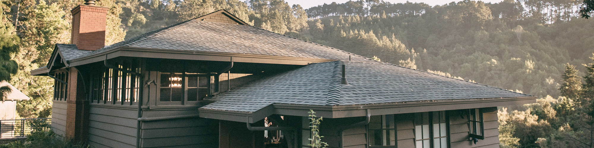 The exterior of a wood-sided building in a garden