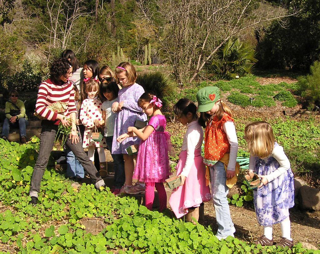 A group of children are with an adult in a garden