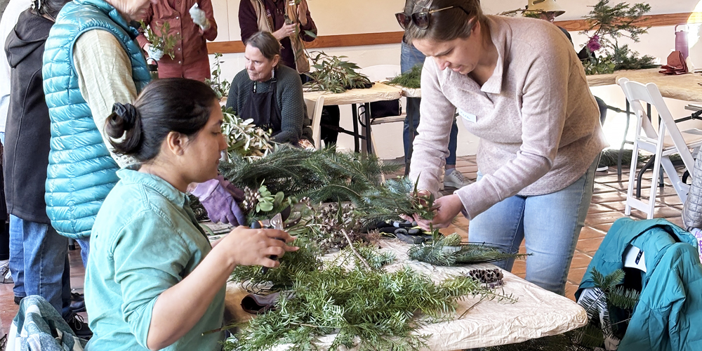 A group of women are having fun making wreaths from pine branches