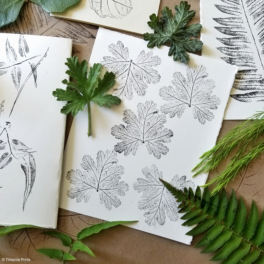 Image of fresh leaves and inked leaf prints on paper provided by Latifat Apatira.